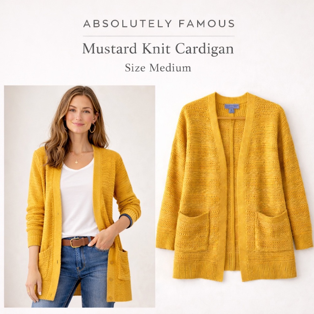 Absolutely Famous Mustard Knit Cardigan Size M | Long Open Front Sweater